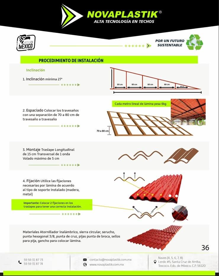 Instrucciones de instalación de láminas para techos Novaplastik, mostrando la inclinación, espaciado, traslape y fijación adecuados.